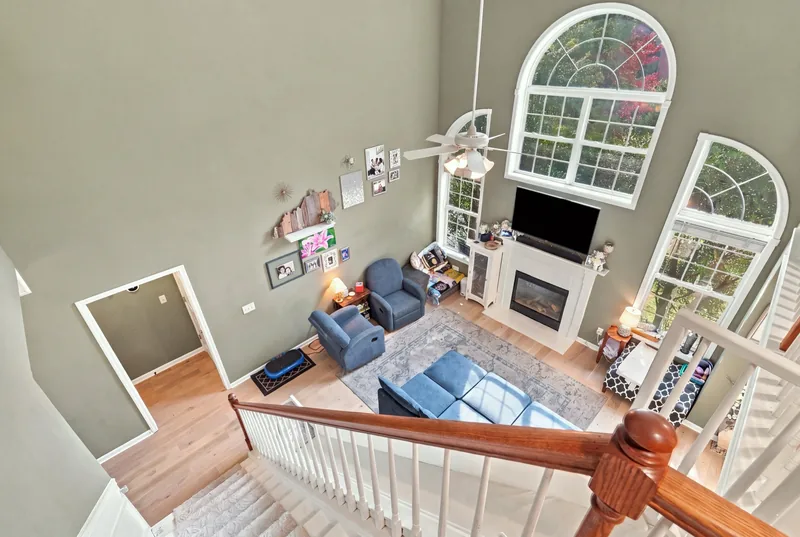 View from the upstairs landing into the living room