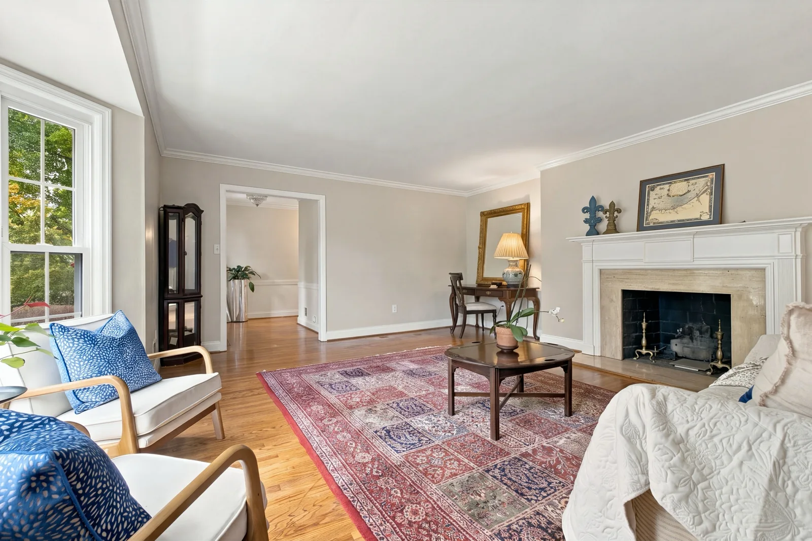 The living room fireplace