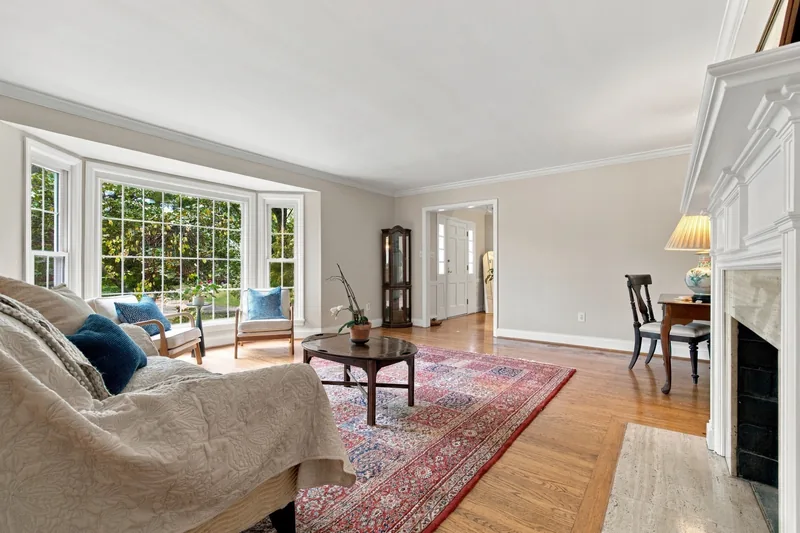 Living room bay window, with the dining room beyond