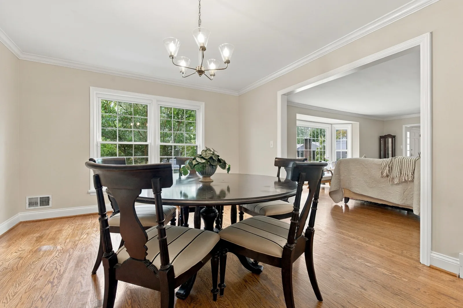 The dining room, open to the living room